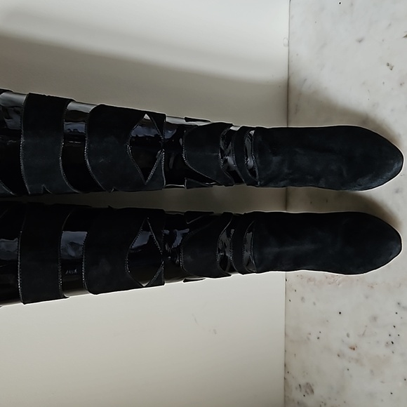 CAVALLI: black soft suede and patent leather knee high boots - Picture 2 of 9